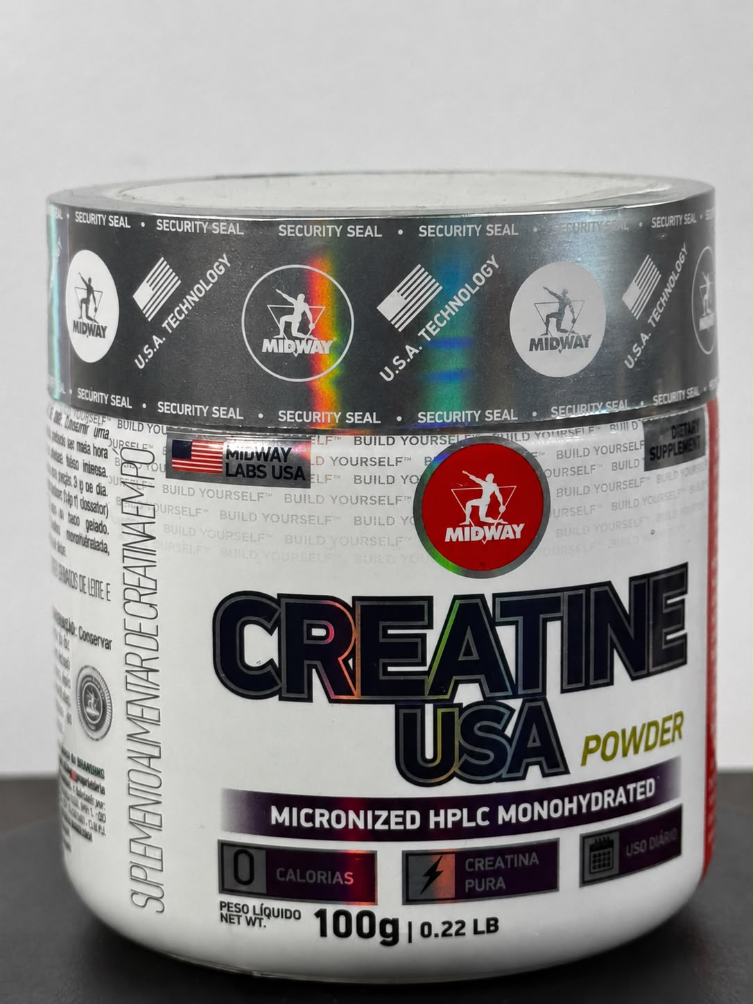 Pote branco de creatina com logotipo, título e lacre em efeito holográfico